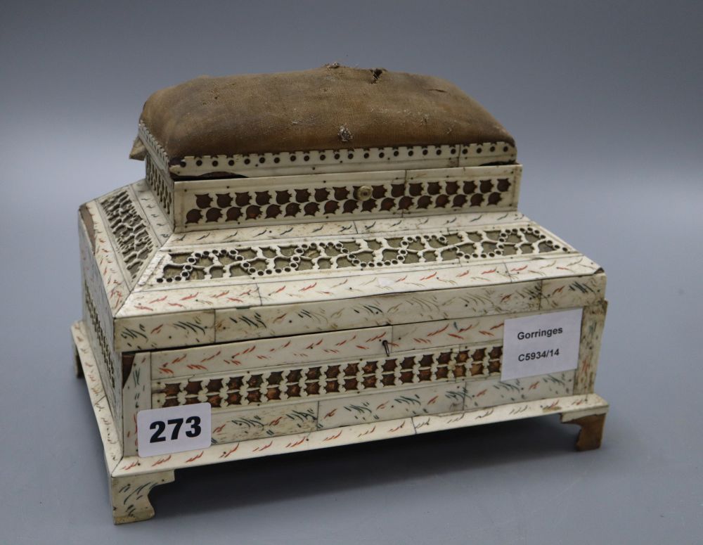 A bone overlaid Prisoner of War sewing box, length 24cm
